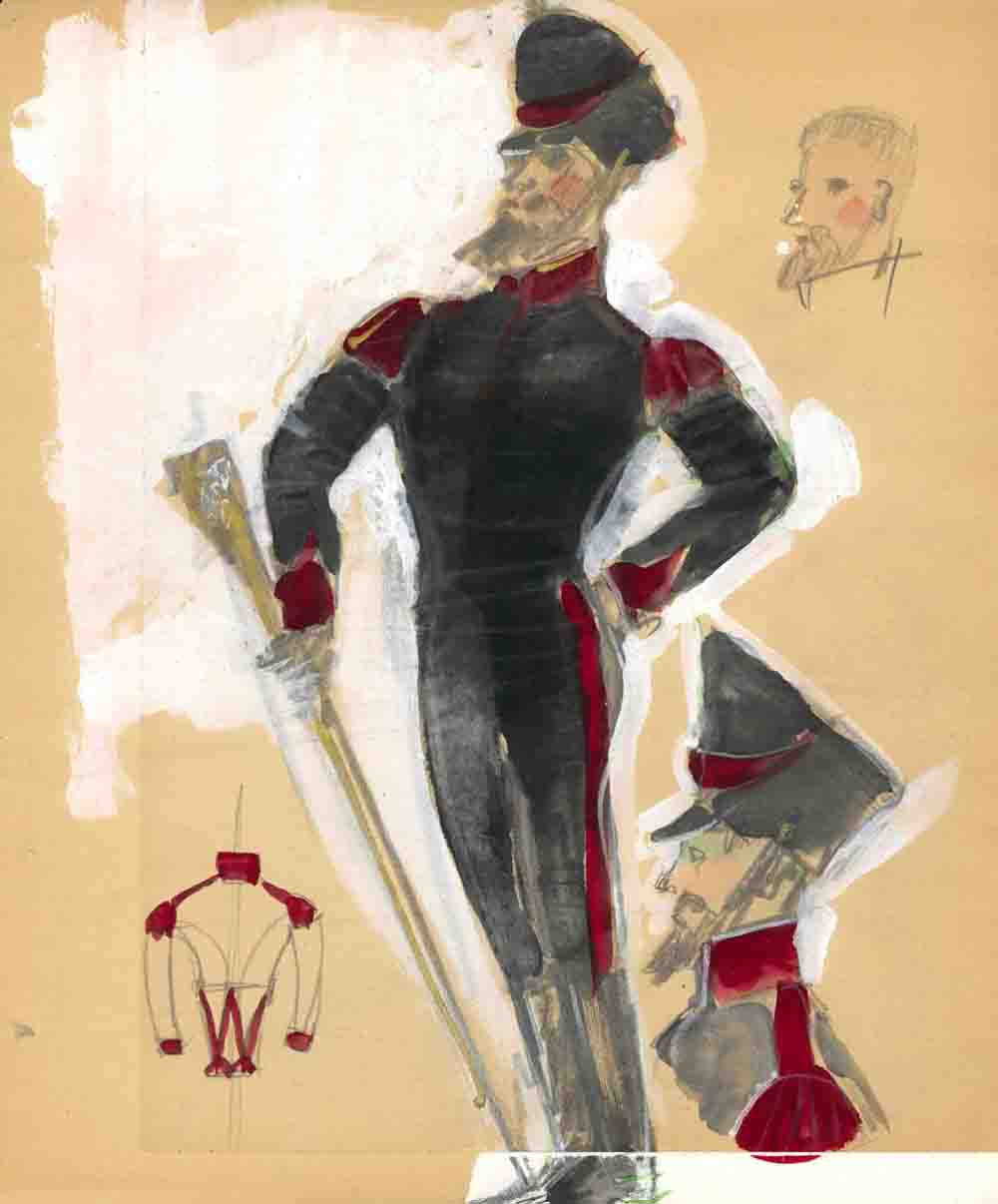 Sketch for Warren Ellsworth as Drum Major, Wozzeck, Gesso/ Graphite/ Watercolor/ Gouache on Paper, 14 x 17 inches